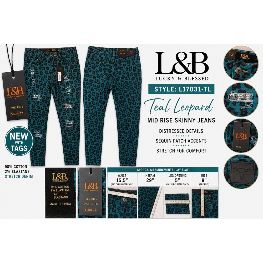 L&B Lucky & Blessed Teal Leopard Distressed Sequin Skinny Jeans L17031-TL 12